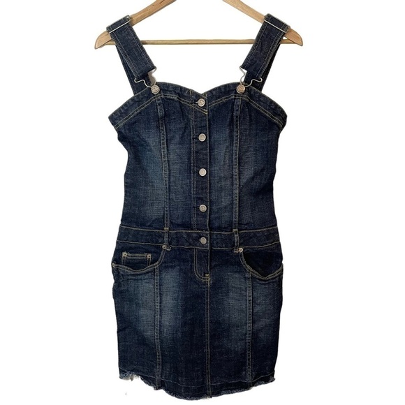 SB Jeans Y2K Denim Mini Dress Sz XS Blue Sweetheart Neckline Overalls Barbie 90s - Picture 1 of 10